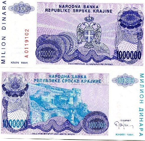 CROATIA KNIN 1000000 Dinara P R33 1994 UNC RARE  